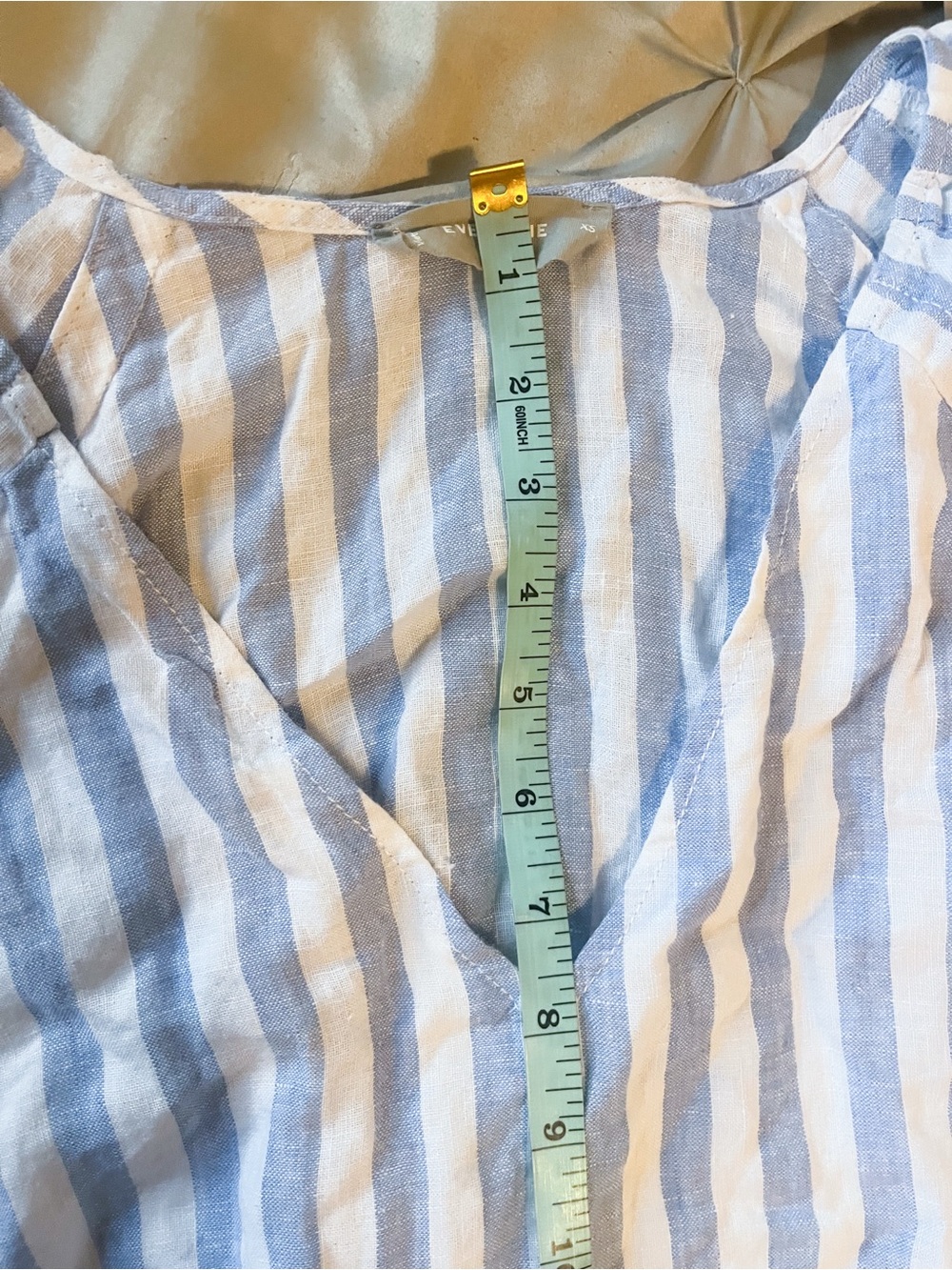 Everlane The Linen Oversized Puff Sleeve Midi Dress Striped Blue V-Neck Size XS - Picture 11 of 11